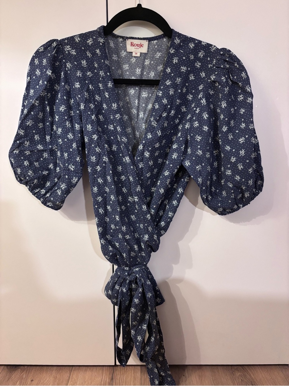 Rouje Navy Blue Floral Tie-Waist Wrap Blouse